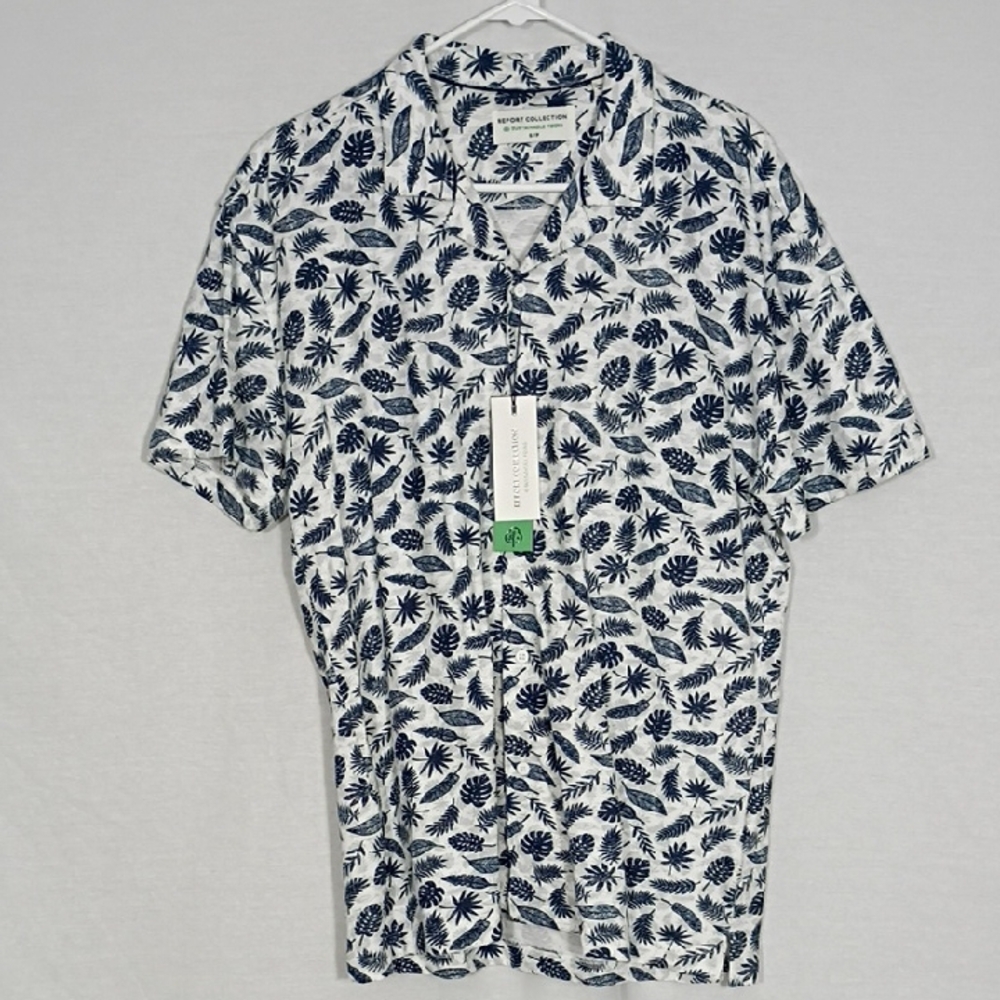 NWT Report Collection White Short Sleeve Cotton Leaf Print Knit Camp Shirt Sz Sm